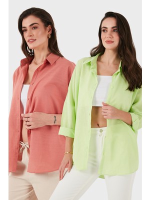 Sd Luxury Pamuk Karışımlı Oversize Fit Uzun Kollu 2'li Paket Gömlek Bayan Gömlek 6781001S2