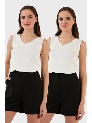 Lela Slim Fit V Yaka Kalın Askılı 2' Li Paket Bluz Bayan Bluz 5864384S2