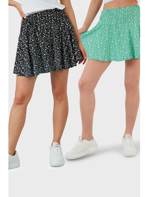Lela Desenli Beli Lastikli Slim Fit Mini 2'li Paket Şort Etek Bayan Şort Etek 5864024S2