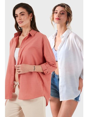 Sd Luxury Pamuk Karışımlı Oversize Fit Uzun Kollu 2'li Paket Gömlek Bayan Gömlek 6781001S2