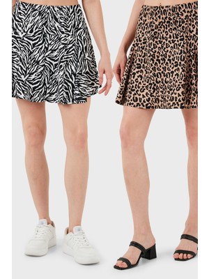 Lela Desenli Beli Lastikli Slim Fit Mini 2'li Paket Şort Etek Bayan Şort Etek 5864024S2