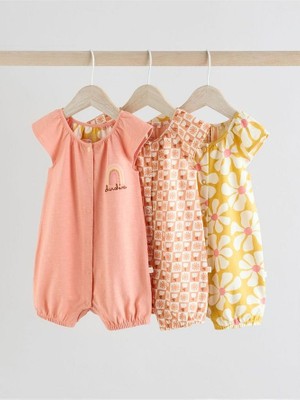 %100 Pamuklu Pembe Sarı Çiçek Desenli 3'lü Romper Set