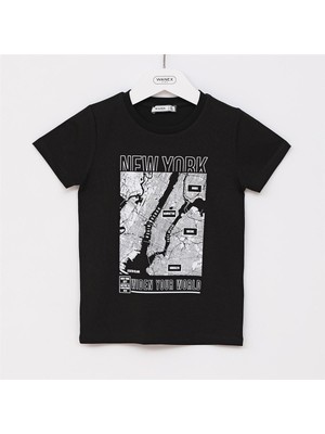 Erkek Çocuk O Yaka Kısa Kol Yazlık Tişört  - (4 Yaş-9 Yaş) - 16382 - Siyah