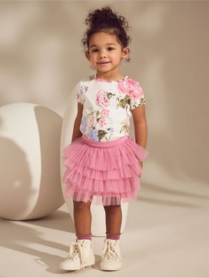 Pamuklu Pembe Çiçek Desenli Tütülü Etek Thsirt Alt Üst Takım