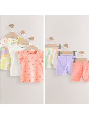 Pamuklu Gökkuşağı Desenli Kısa Kollu Taytlı 3'lü Alt Üst Takım