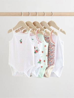 % 100 Pamuklu Beyaz Ip Askılı Çilek Desenli 5'li Body Zıbın Set