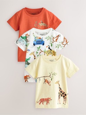 % 100 Pamuklu Krem Safari Desenli Kısa Kollu 3'lü Thsirt Set