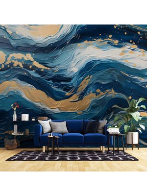 3 Boyutlu Lacivert Altın Mermer Desenli Duvar Kağıdı