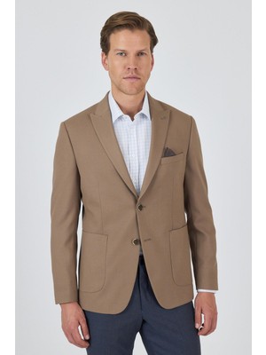Koyu Bej Kılıç Yaka   Esnek 6 Drop Slim Fit Classic  Ceket 1002250124