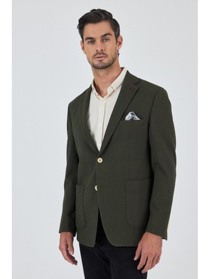 Koyu Haki Mono Yaka Gofreli  Esnek 6 Drop Slim Fit Casual  Ceket 1002250126
