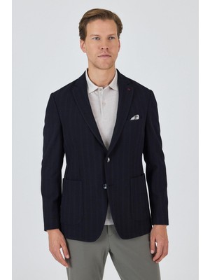 Koyu Lacivert Mono Yaka Gofreli  Esnek 6 Drop Slim Fit Casual  Ceket 1002250126