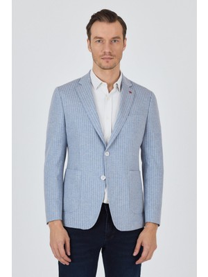 Indigo Mavi Çizgili Desen Örme Kılıç Yaka Pamuklu 6 Drop Slim Fit Casual Ceket 1002250111_320