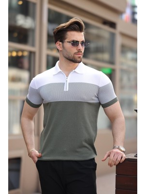 Haki Renk Bloklu Polo Yaka Triko Erkek T-Shirt E7409
