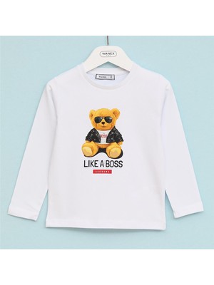 Erkek Çocuk O Yaka Uzun Kol Ince Kışlık Tişört  - (2 Yaş-7 Yaş) - 16621 - Beyaz