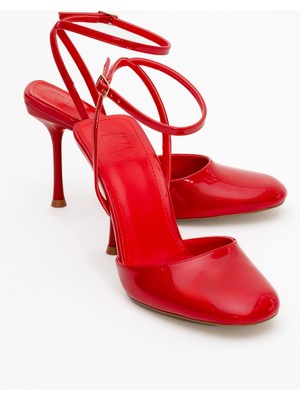 Luvi Blues Kırmızı Rugan Yuvarlak Burun Bilekten Bağlamalı Kadın Yüksek Topuklu Ayakkabı