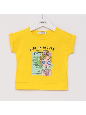 Kız Çocuk O Yaka Kısa Kol Yazlık Tişört  - (3 Yaş-8 Yaş) - 31085 - Sarı