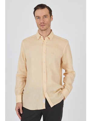 Uzun Kol Düz Keten Düğmeli Yaka Cepsiz Casual Comfort Fit Gömlek 1004250114