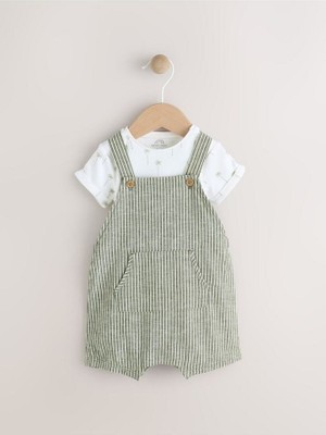 %100 Pamuklu Yeşil Çizgili Salopet Body Zıbın Set