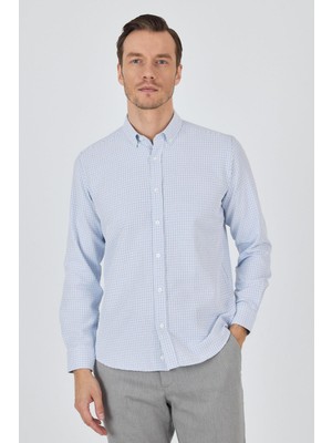 Koyu Mavi Düğmeli Yaka Kendinden Desenli Classic Pamuklu Slim Fit Gömlek 1004250217