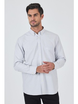 Uzun Kol Kareli Desen Bez Ayağı Düğmeli Yaka Cepli Pamuklu Classic Comfort Fit Gömlek 1004250197