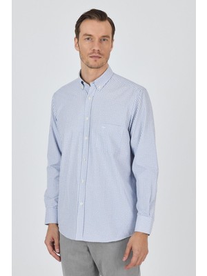 Uzun Kol Kareli Desen Bez Ayağı Düğmeli Yaka Cepli Pamuklu Classic Comfort Fit Gömlek 1004250197