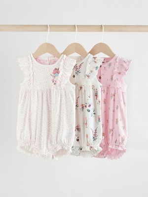 %100 Pamuklu Pembe Krem Çiçek Desenli 3'lü Romper Set