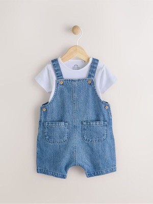 %100 Pamuklu Mavi Denim Salopet Body Zıbın Set