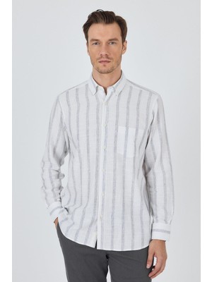 Uzun Kol Çizgili Desen Bez Ayağı Düğmeli Yaka Cepli Pamuklu Casual Comfort Fit Gömlek 1004250190