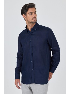 Uzun Kol Düz Keten Düğmeli Yaka Cepsiz Casual Comfort Fit Gömlek 1004250114