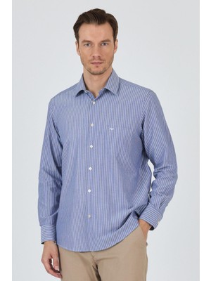 Uzun Kol Çizgili Desen Armürlü Sert Yaka Cepli Pamuklu Classic Comfort Fit Gömlek 1004250173