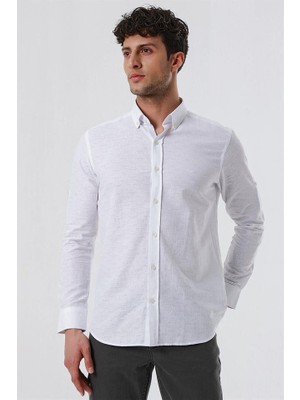 İmza Beyaz Kısalabilir Kollu Desenli JakarlıCepsiz %100 Pamuk Casual Slim Fit Gömlek 1004230181