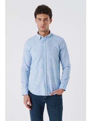 İmza Koyu Mavi Kısalabilir Kollu Desenli JakarlıCepsiz %100 Pamuk Casual Slim Fit Gömlek 1004230182