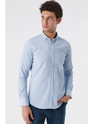 İmza Koyu Mavi Uzun Kollu Gofreli Cepsiz Pamuklu Likralı Klasik Slim Fit Dar Kesim Gömlek 1004230178