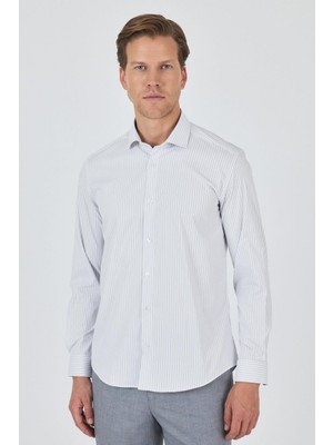 Uzun Kol Çizgili Desen Bez Ayağı Sert Yaka Cepsiz Esnek Classic Slim Fit Gömlek 1004250159