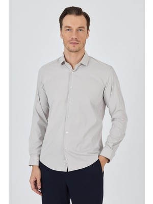 Uzun Kol Çizgili Desen Bez Ayağı Italyan Yaka Cepsiz Esnek Classic Slim Fit Gömlek 1004250200