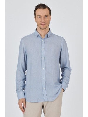Koyu Mavi Uzun Kol Baskılı Cepsiz Keten Casual Slim Fit Gömlek 1004250112