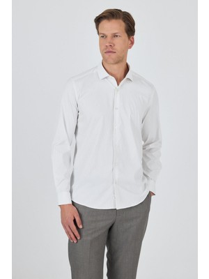 Uzun Kol Çizgili Desen Bez Ayağı Italyan Yaka Cepsiz Esnek Classic Slim Fit Gömlek 1004250202