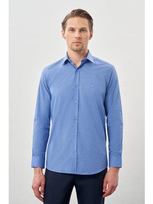İmza Mavi Uzun Kol Filafil Sert Yaka  Slim Fit Dar Kesim Basic Gömlek 1004210008