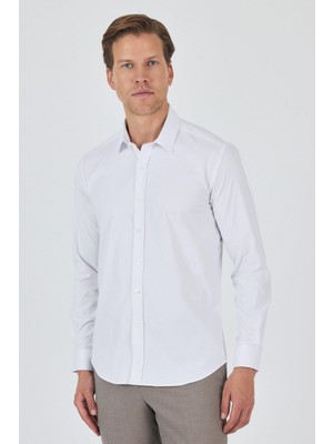Uzun Kol Düz Bez Ayağı Sert Yaka Cepsiz Pamuklu Classic Slim Fit Gömlek 1004250195
