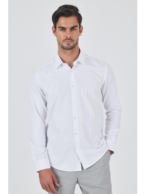 Beyaz Sert Yaka Düz Classic Pamuklu Slim Fit Gömlek 1004250900
