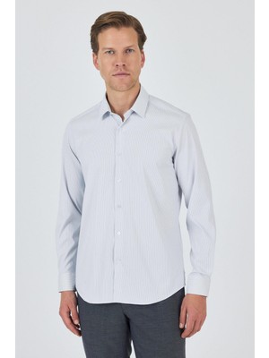 Beyaz-Mavi Sert Yaka Cepsiz Gabardin Uzun Kol Slim Fit Esnek Gömlek 1004250231