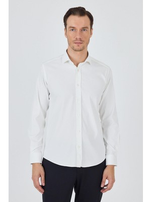 Ekru Yarım Italyan Yaka Cepsiz Gabardin Uzun Kol Slim Fit Esnek Gömlek 1004250235