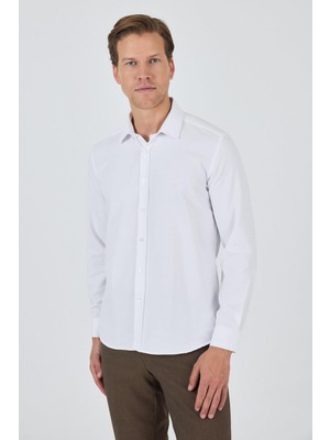 Uzun Kol Desenli Armürlü Sert Yaka Cepsiz Pamuklu Classic Slim Fit Gömlek 1004250194