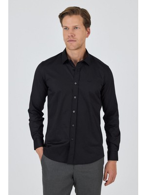 Uzun Kol Düz Bez Ayağı Sert Yaka Cepsiz Pamuklu Classic Slim Fit Gömlek 1004250195