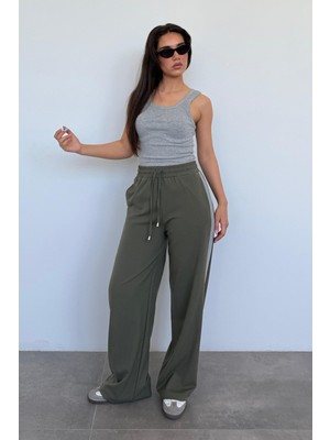 Haki Şerit Detaylı Bol Paça Kadın Pantolon MG2441