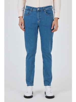 Koyu Mavi Gabardin 5 Cep Düz Paça Casual Slim Fit Pamuklu Denim Pantolon 1023250155