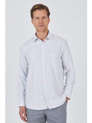 Uzun Kol Çizgili Desen Bez Ayağı Sert Yaka Cepli Pamuklu Classic Comfort Fit Gömlek 1004250192