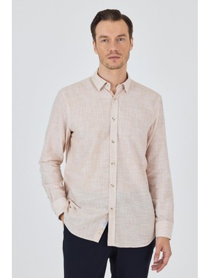 Açık Somon Uzun Kol Cepsiz Pamuk Casual Comfort Fit Gömlek 1004250127