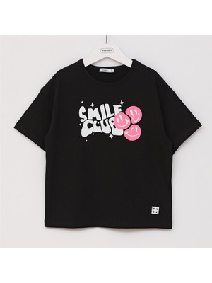 Kız Çocuk O Yaka Kısa Kol Yazlık Tişört  - (7 Yaş-12 Yaş) - 32188 - Siyah