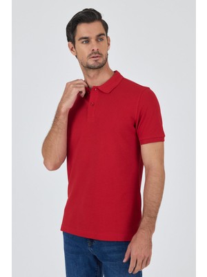 İmza Açık Kırmızı Polo Yaka Kısa Kol Cepsiz Slim Fit Classic Pamuklu Tişört 1011250177